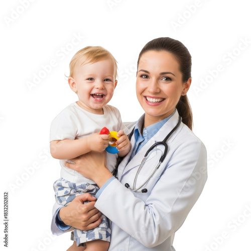 Doctor holding a happy baby isolated on transparent background