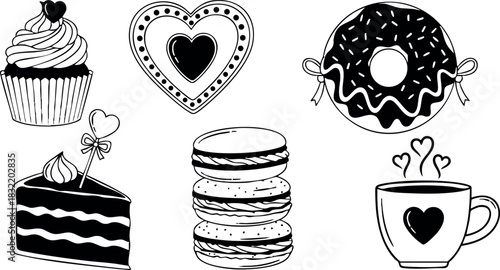 Hand drawn black and white doodle set of cupcake, heart cookie, donut, cake slice, macarons and coffee mug with hearts for valentine’s day desserts
