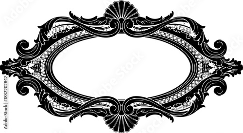 Elegant ornate frame with intricate scrollwork and shell motifs, perfect for classic invitations, formal certificates, or vintage signage design.