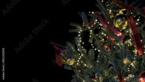 Christmas ornaments on christmas tree in a christmas market. Celebration for new year. Lights and some bright decorations looking shiny. Cloudy day time. Slow motion handheld shot 4k