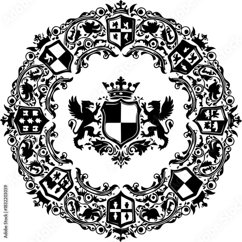 Elegant heraldic crest with intricate details, perfect for luxury branding, creating a sense of history and prestige