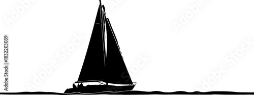 Elegant black sailboat gliding across calm waters, evoking freedom and adventure with a sense of tranquility