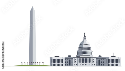 Washington DC landmarks Capitol Building with dome  Washington Monument with flags simple flat design