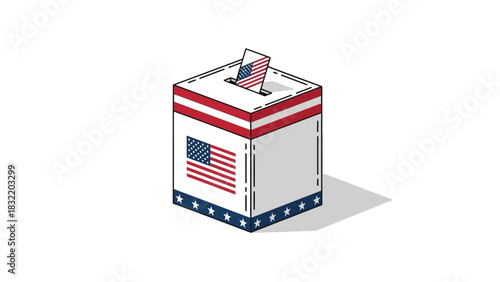 A ballot box with US flag graphics and a ballot being inserted isolated on white