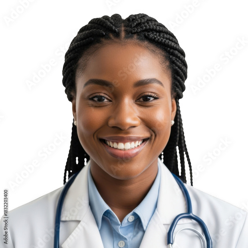 Smiling black female doctor with stethoscope isolated on transparent background