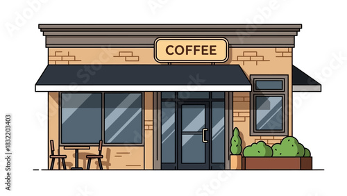 A cartoon illustration of a coffee shop with a brick facade and outdoor seating