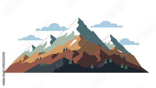 A cartoonstyle mountain range with snowy peaks colorful slopes and scattered trees under a blue sky with fluffy clouds