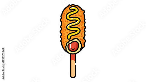 A corn dog with a squiggle of mustard and a red sausage held by a wooden stick