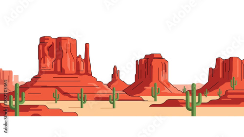 A desert panorama with red mesas and green cacti against a white backdrop