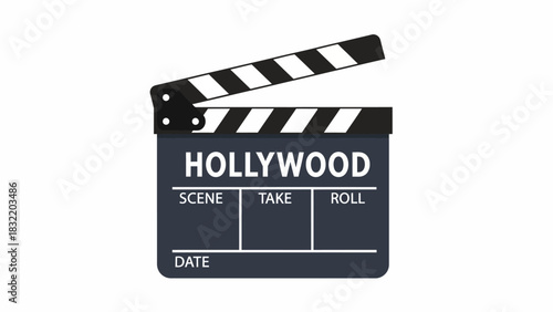 A film slate marked HOLLYWOOD with scene take roll and date sections in black and white with an open clapboard