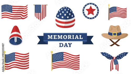 A collage featuring American patriotic symbols  a Memorial Day banner