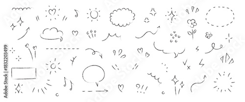 Line hand drawn arrow set. Chalk line abstract arrow with hand drawn crown, heart, cloud and underline brushstroke element in grunge sketch texture. Crayon scribble brush stroke vector illustration