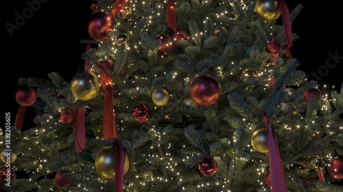 Christmas ornaments on christmas tree in a christmas market. Celebration for new year. Lights and some bright decorations looking shiny. Cloudy day time. Slow motion handheld shot 4k