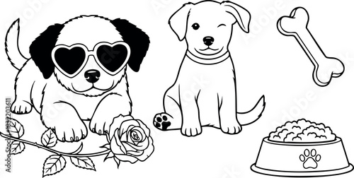 Cute line art puppies with heart sunglasses and winking face sitting with rose flower, dog bone and food bowl coloring page illustration in playful cartoon style