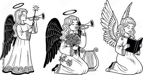 Line art trio of guardian angels with halos playing trumpets and harp and reading book, long robes and detailed wings in black and white christmas vector illustration