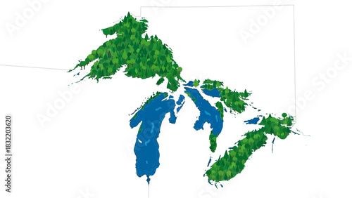 A map of the Great Lakes region with land areas covered in trees and lakes filled with blue water