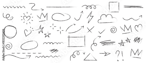 Decorative doodles sketch scribble hand drawn handmade pencil pen marker set vector graphic design illustration art for business infographic journal set pointing arrow speech bubble line outline shape