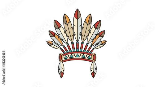 A Native American headdress with feathers and a decorated headband isolated on a white background