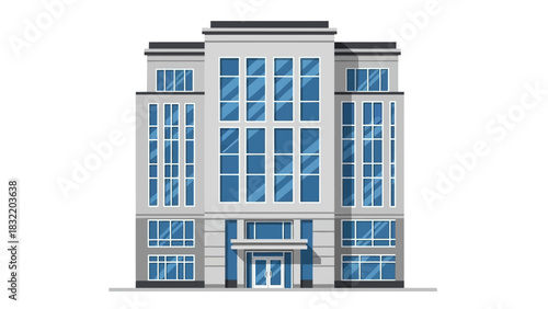 A multistory building with many windows The building is gray and has a white door at its base