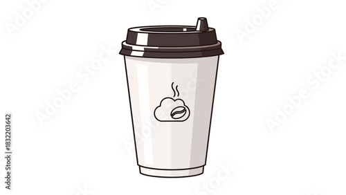 A paper coffee cup with a brown lid  a logo of a cloud  coffee bean with steam