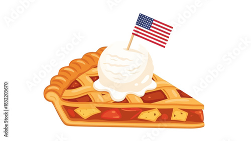 A pie slice with ice cream and an American flag stands alone on a white background