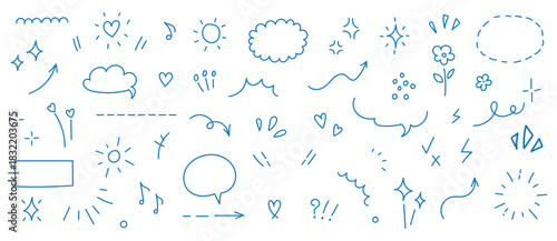 Hand drawn line chalk brush stroke arrow icon set. Chalk crayon underline, check mark, scribble and texture in rough hand sketch style. Drawn heart, frame, star design shapes. Vector illustration