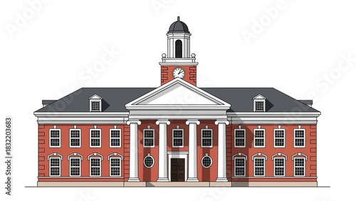 A red brick building with a clock tower white columns and dormers on a gray roof