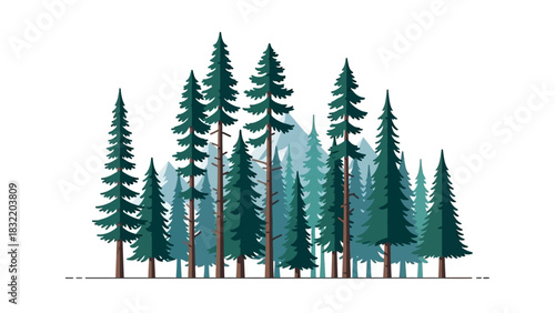 A stylized illustration of a forest with evergreens some in the background with a mountain range