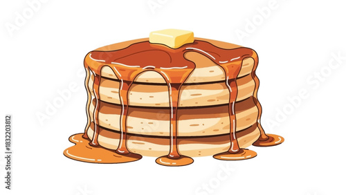 A stack of five pancakes with a pat of butter and dripping syrup