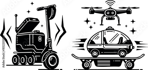 Bold line art futuristic delivery scooter robot and hovering drone with autonomous pod car riding skateboard platform in black and white vector style