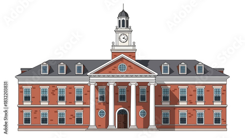 A symmetrical brick building with a clock tower columns and dormer windows