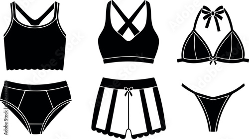 Minimal flat design black lingerie set icons with sports bras, strappy bralette, panties, striped shorts and thong arranged in two rows on white background