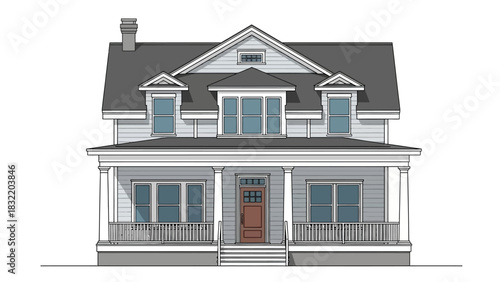 A twostory home with a porch columns and a gray roof