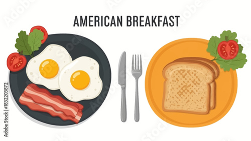 A vibrant cartoon American breakfast with eggs bacon toast  tomato on plates with utensils labeled American Breakfast