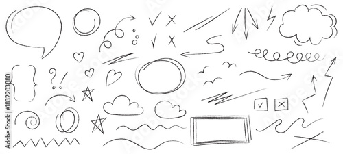 Line marker hand drawn brush arrow element set. Sketch pencil stroke vector graphic pen underline scribble icon. Hand drawn line heart, crown, star symbol highlight marker shape. vector
