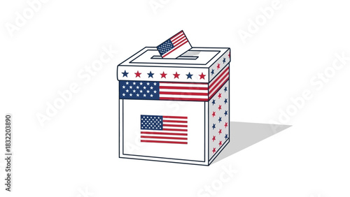 A white box decorated in the American flag theme used as a ballot box with a paper being inserted into the top slot