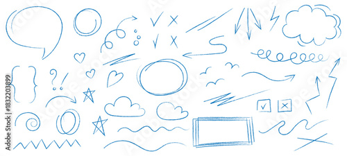 Line marker hand drawn brush arrow element set. Sketch pencil stroke vector graphic pen underline scribble icon. Hand drawn line heart, crown, star symbol highlight marker shape. vector