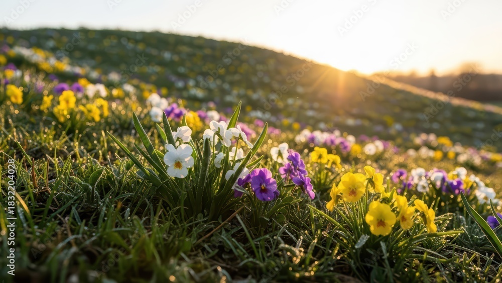 Obraz premium Vibrant spring meadow: sunrise over colorful wildflowers in bloom
