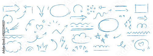 Crayon pencil hand drawn various oval, chalked arrows, check marks. Vector doodle marker drawing. Hand drawn charcoal symbols for diagrams. Freehand grunge red strikethrough and underline elements