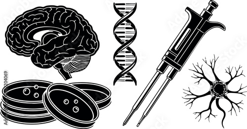 Monochrome flat design neuroscience vector art with brain, dna helix, neuron cell, micropipette and petri dishes arranged separately on clean white scientific background
