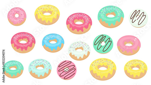 Array of colorful donuts with various frosting and topping designs scattered on a plain white background