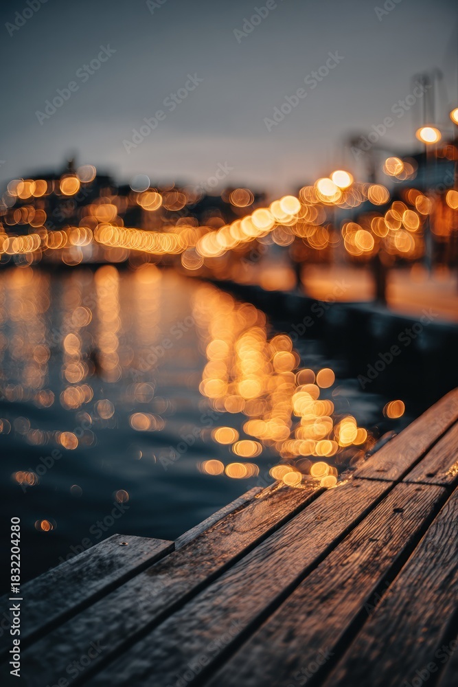 Fototapeta premium City lights reflecting on water seen from a wooden pier at night.