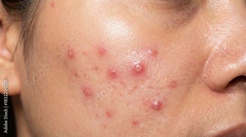 Detailed macro photo of a person's cheek with inflamed acne and pimples, showing skin texture and common dermatological issues.
