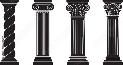 Collection of Four Black Silhouettes of Classical Architectural Columns on White Background