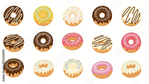 Array of 15 donuts with various toppings and icing arranged in a 3x5 grid