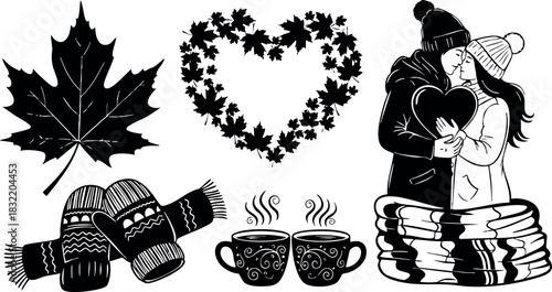 Cozy monochrome flat design winter couple kissing with heart, maple leaves, mittens and steaming coffee cups, warm romantic composition for valentine’s day and autumn season mood