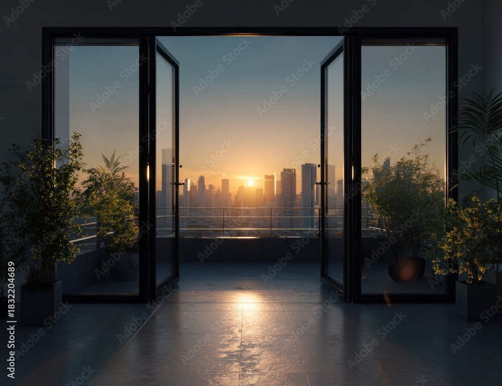 Obraz premium Cityscape Sunset View from Balcony with Open Doors.