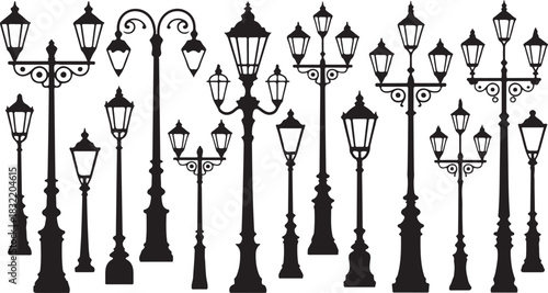Extensive Collection of Black Silhouettes of Vintage Street Lamps on White Background lamppost