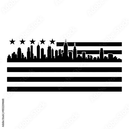 Black and white stylized city skyline silhouette integrated into american flag design