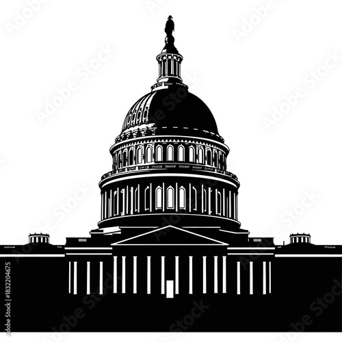 Black and white silhouette illustration of a large government building dome